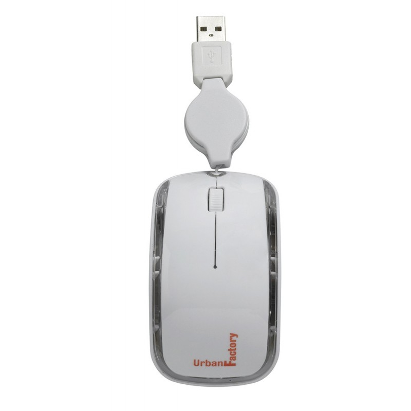 Mini Souris optique BLANCHE cable rectractile en USB URBAN FACTORY Réf   SJM04UF