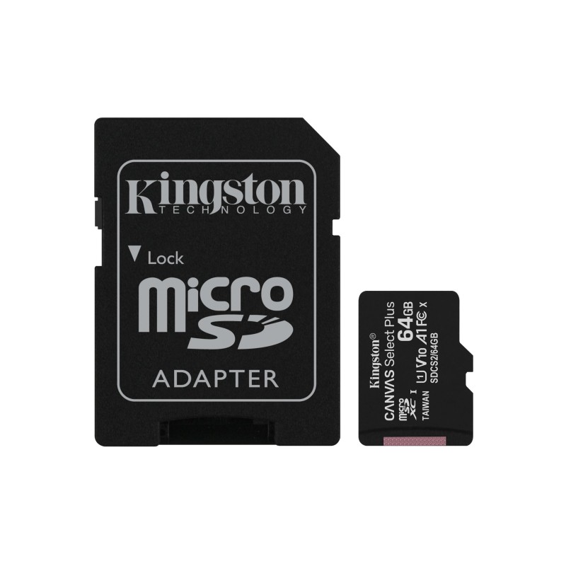 Micro SD CARD HC 64Go -C10 KINGSTON + adaptateur SD- Canvas Select plus Réf : SDCS2/64GB Sorecop inclus