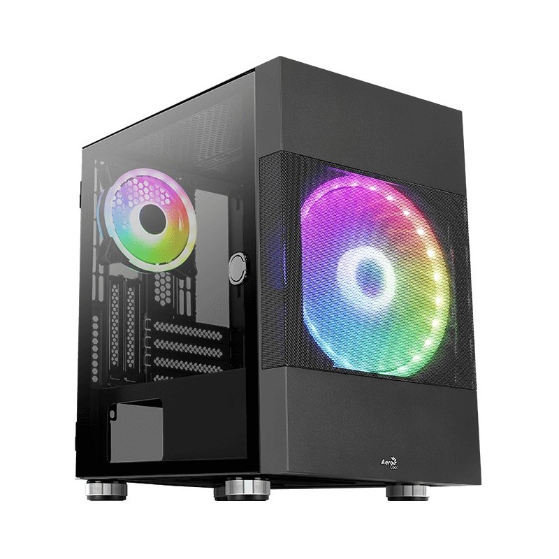 Boitier Cube Micro ATX AEROCOOL Atomic V2 RGB NOIR 2 USB2 -2 ventil.panneau vitré Réf   ACCS-PV26123.11.