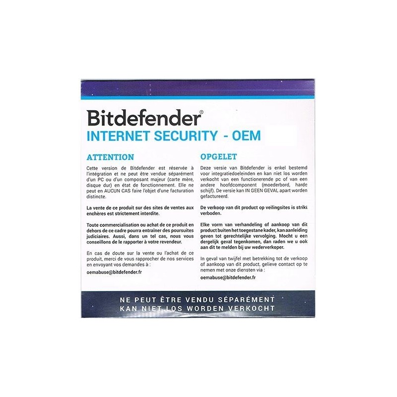BITDEFENDER INTERNET SECURITY OEM LICENCE POUR 1 PC / 1 AN Ref : CR_IS_1_12_OM.